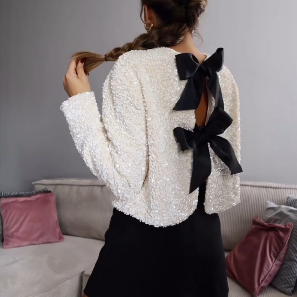 H&M viral bloggers fav white sequin black bow ribbon tie front cardigan / blouse - Picture 9 of 13